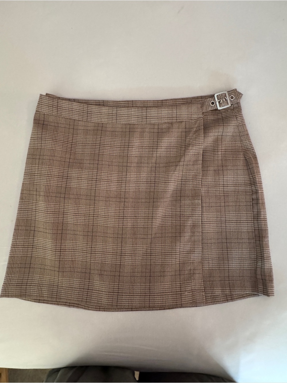 Neutral Plaid Mini Wrap Skirt with Side Buckle